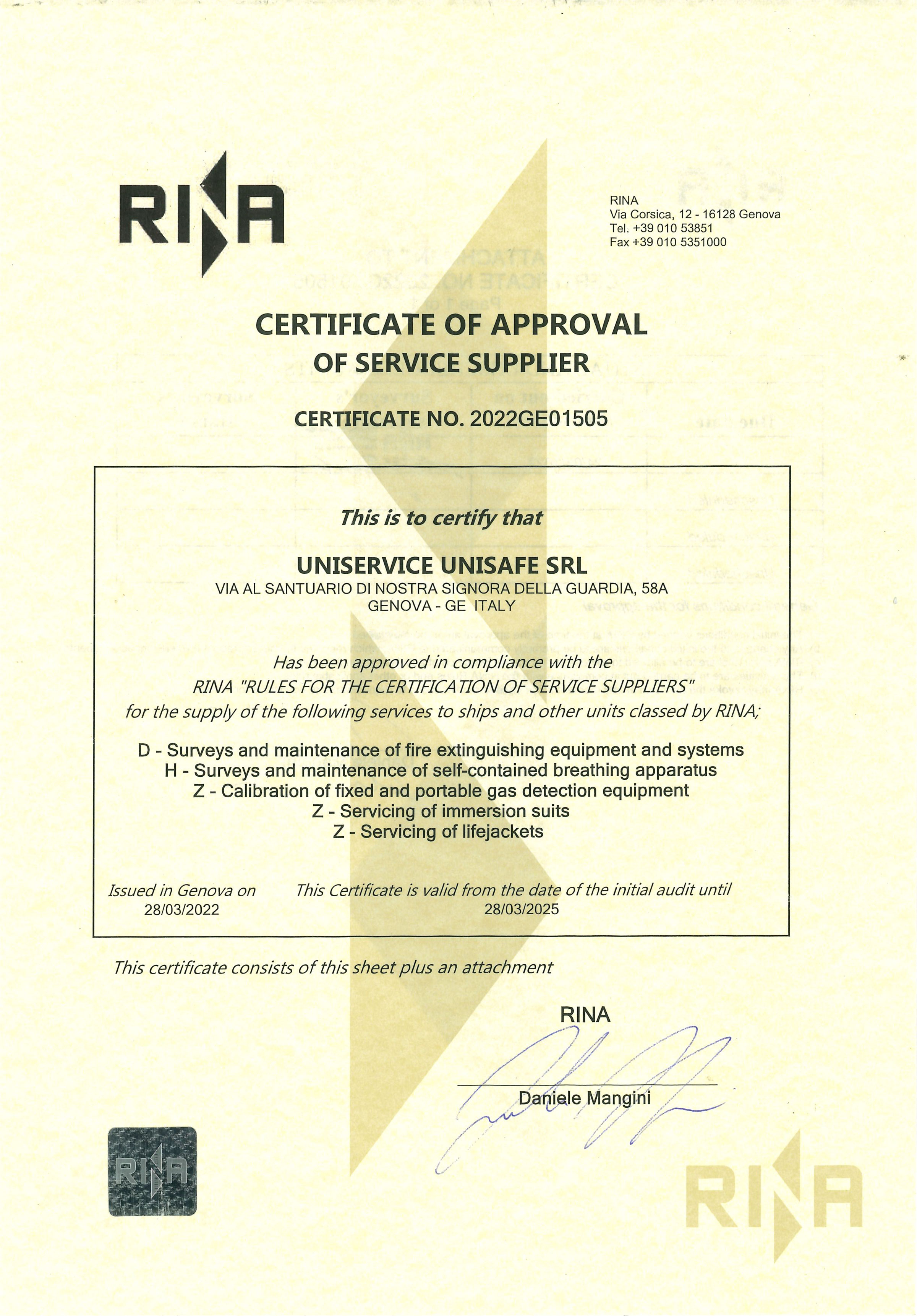 RINA Approval Certificate